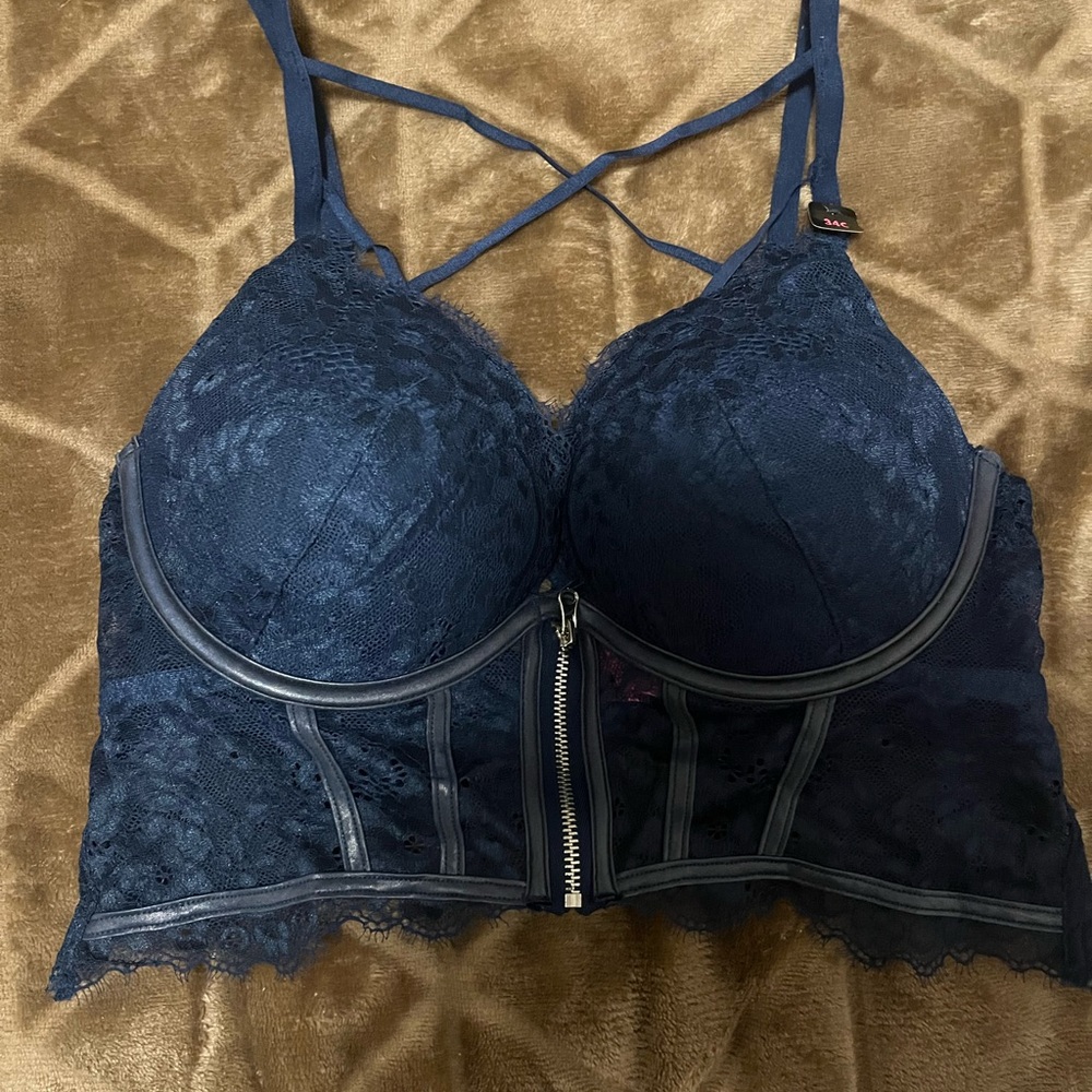 Lace Longline Bra in Navy Blue